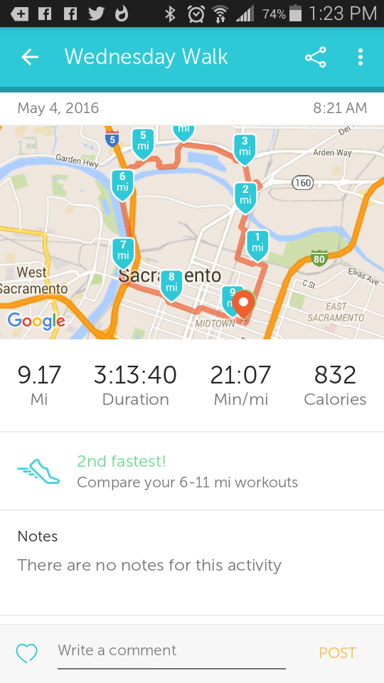 Today's walk, logged through Runkeeper, an app I have used (for free) for over a year and a half.